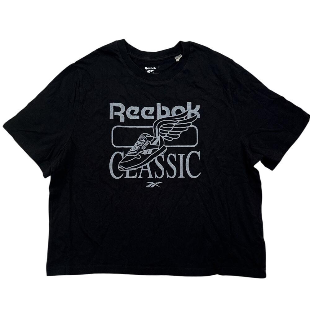 Reebok Classic Cropped Graphic T-Shirt Black Winged Shoe Logo Women’s 1X 16W NEW